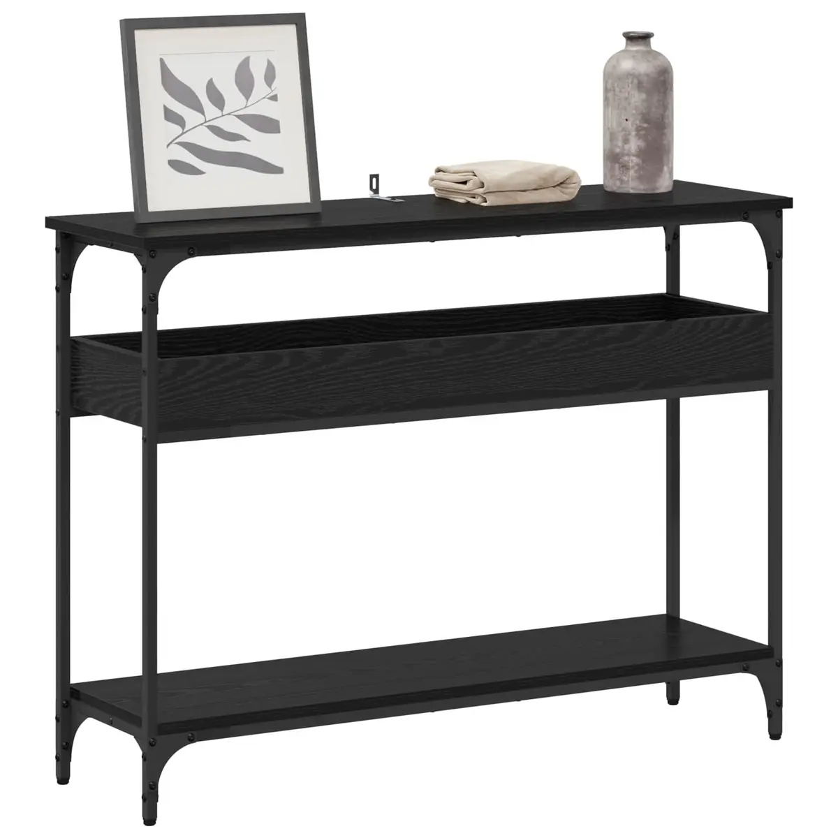 Console Table Black Oak Engineered Wood Steel Frame Storage Functionality