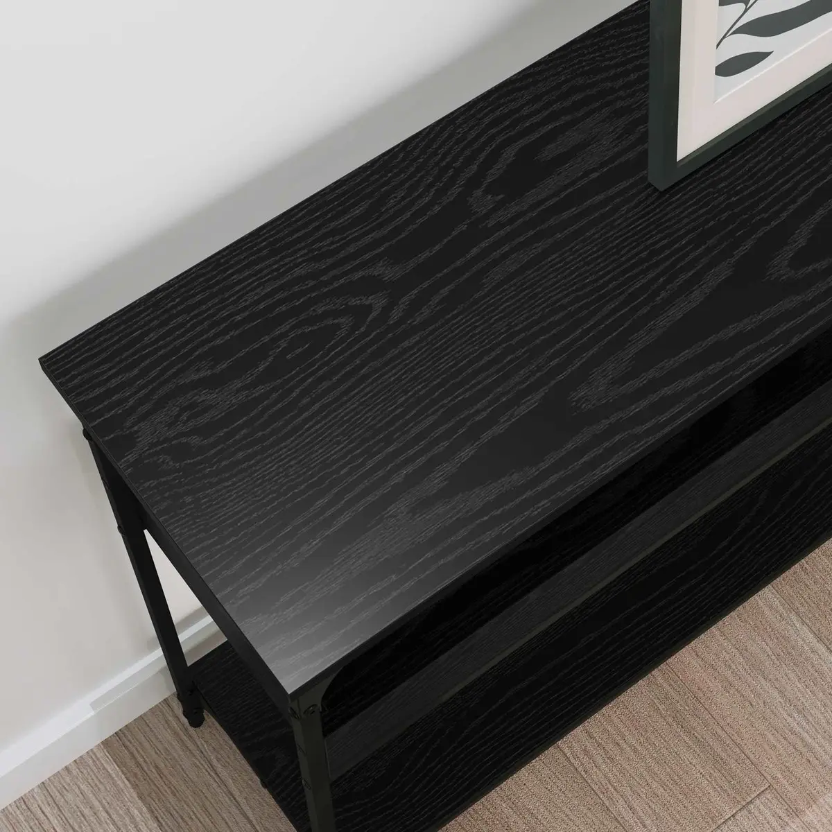 Console Table Black Oak Engineered Wood Steel Frame Storage Functionality