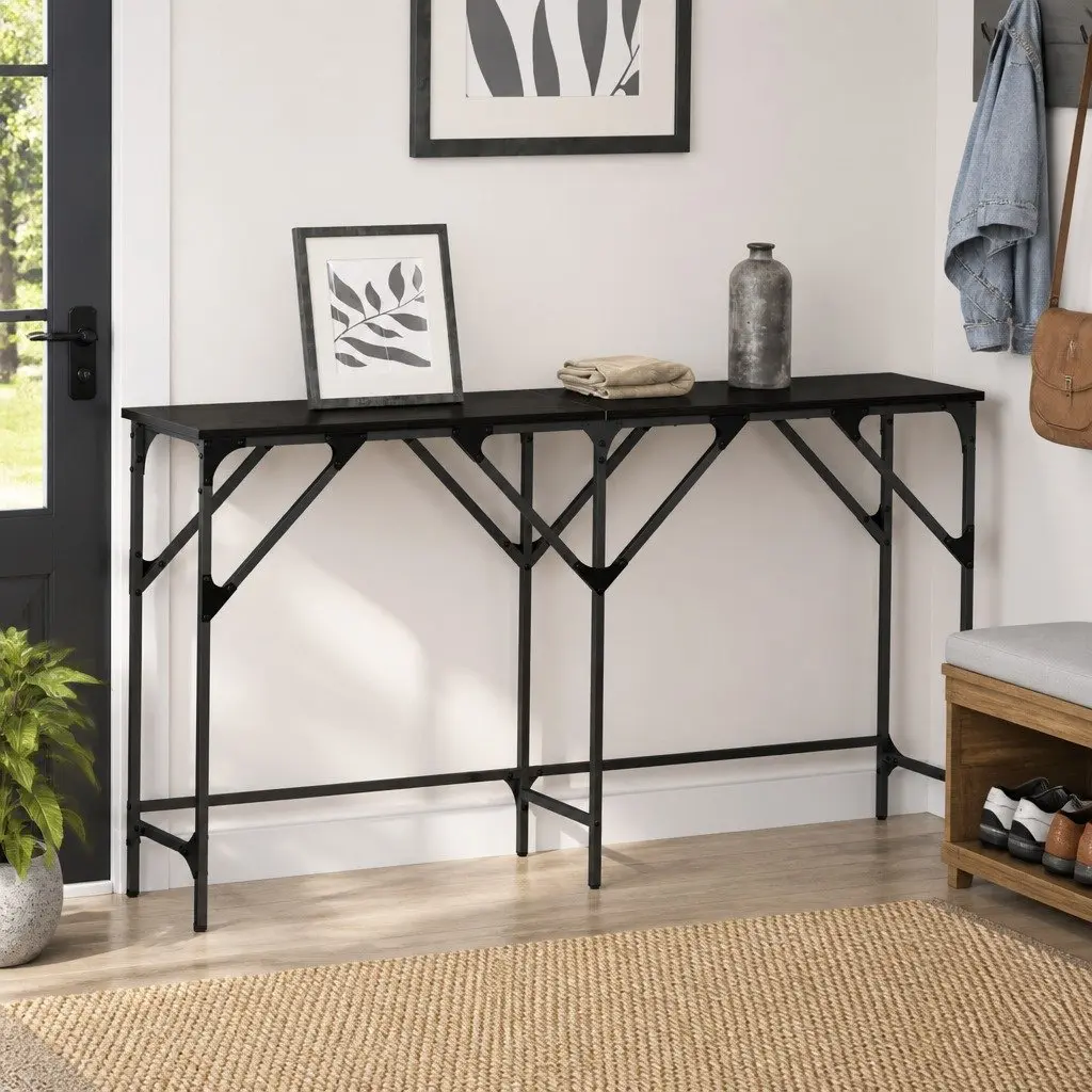 Console Table Black Oak 140cm Industrial Style Engineered Wood Hallway Accent