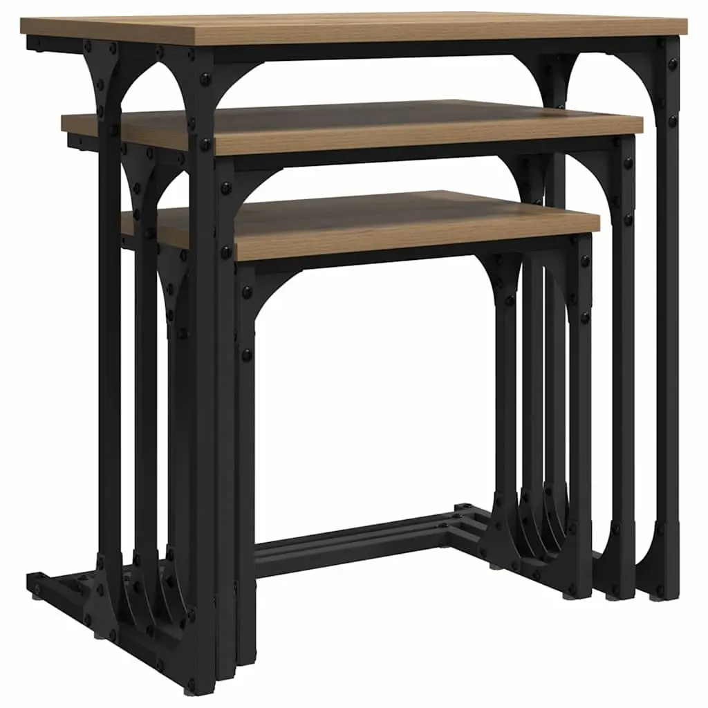 Nesting Coffee Table Set Brown Industrial Style 3 Piece Compact Storage