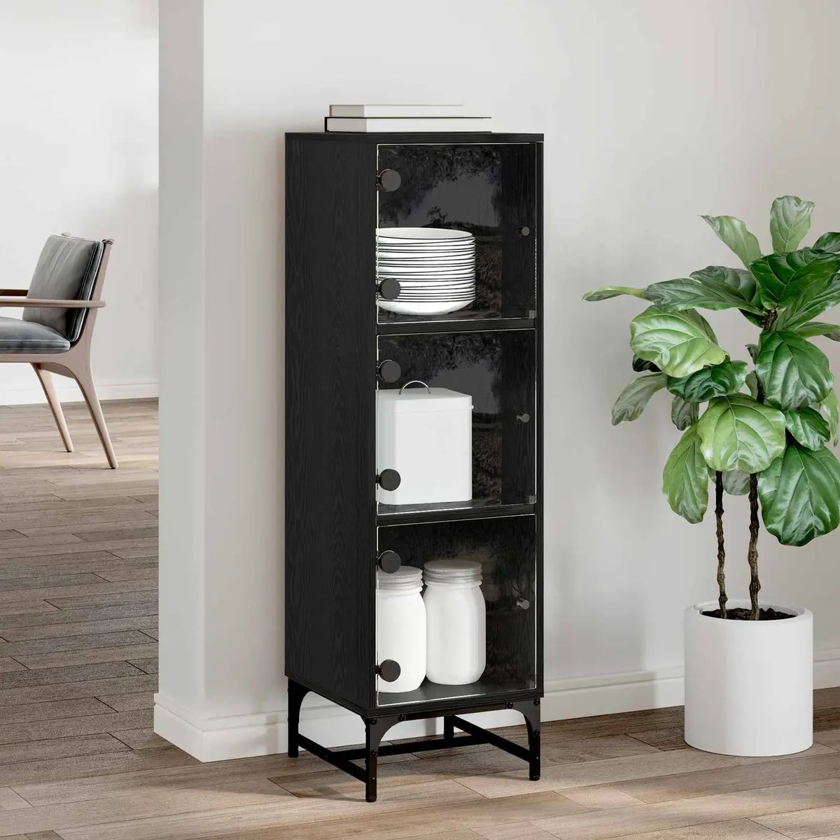 Black Sideboard Engineered Wood Modern Storage Cabinet 35x37x117cm Suitable for Dining Room Buffet