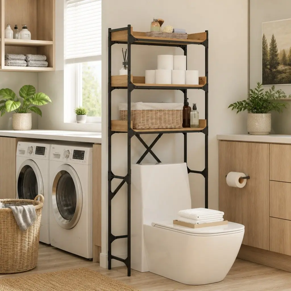 Washing Machine Shelf Brown Modern Shelving Unit Durable Steel Frame Indoor Use