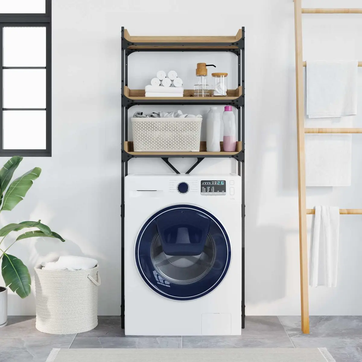 Washing Machine Shelf Brown Modern Shelving Unit Durable Steel Frame Indoor Use