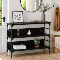 Compact Black Console Table with Steel and Wood Features