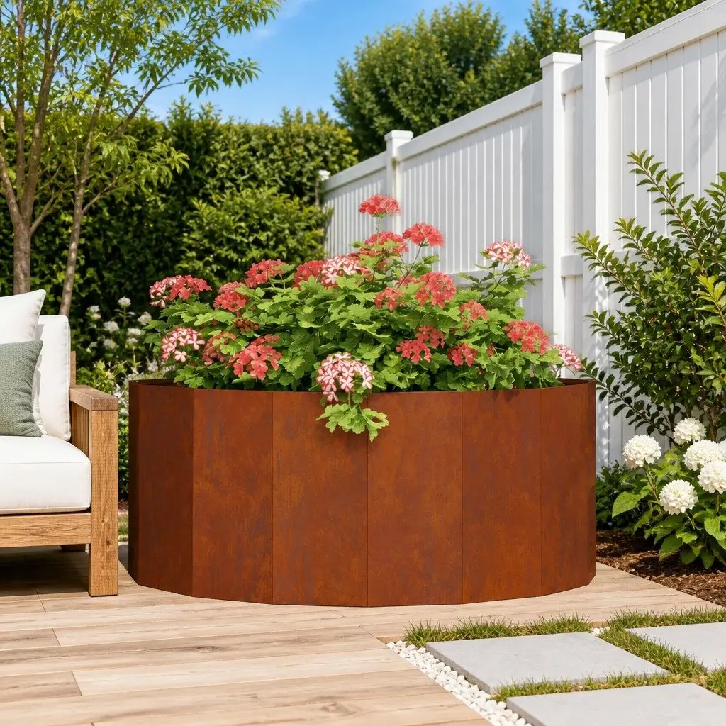 Half Round Garden Planter Brown 120x60x50cm Steel Outdoor Raised Bed