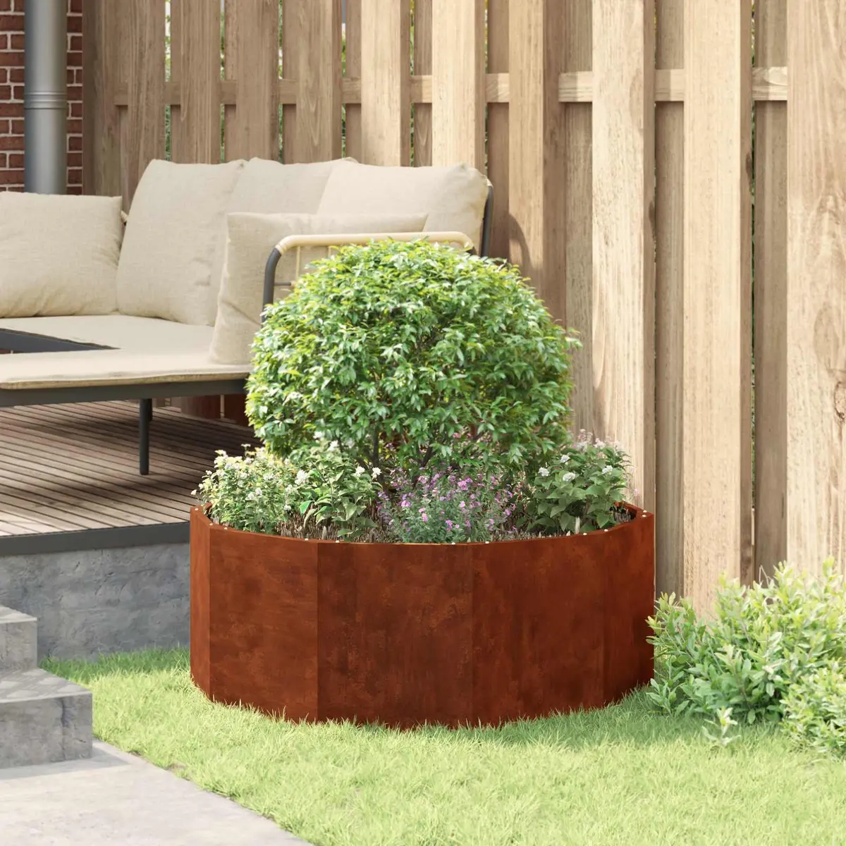 Round Garden Planter Brown 90x90x35cm Steel Outdoor Durable