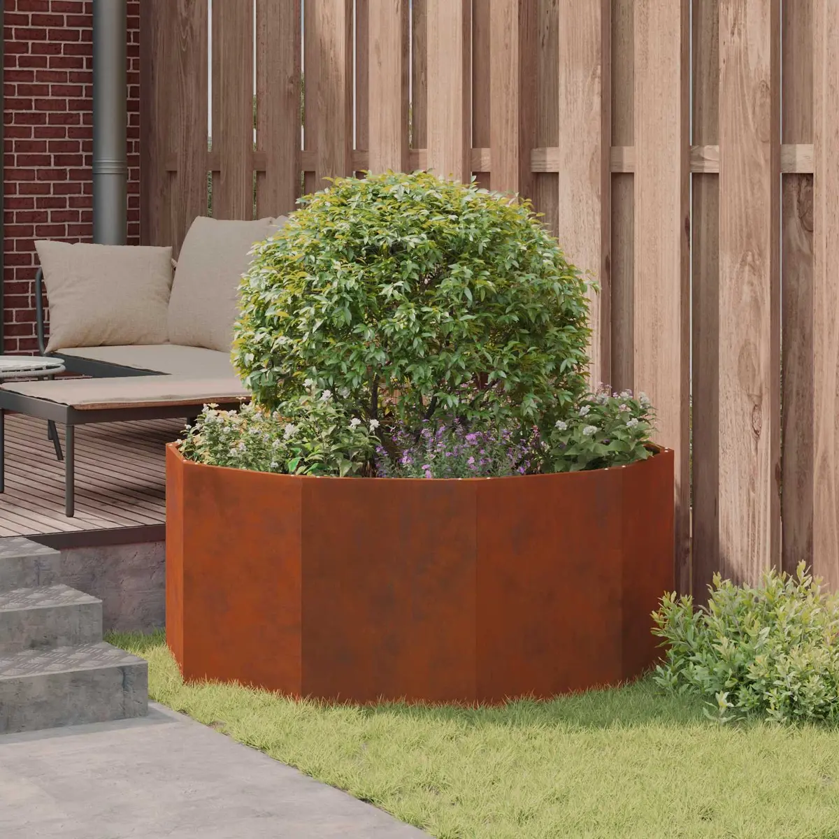 Round Garden Planter Brown 120cm Steel Weather Resistant