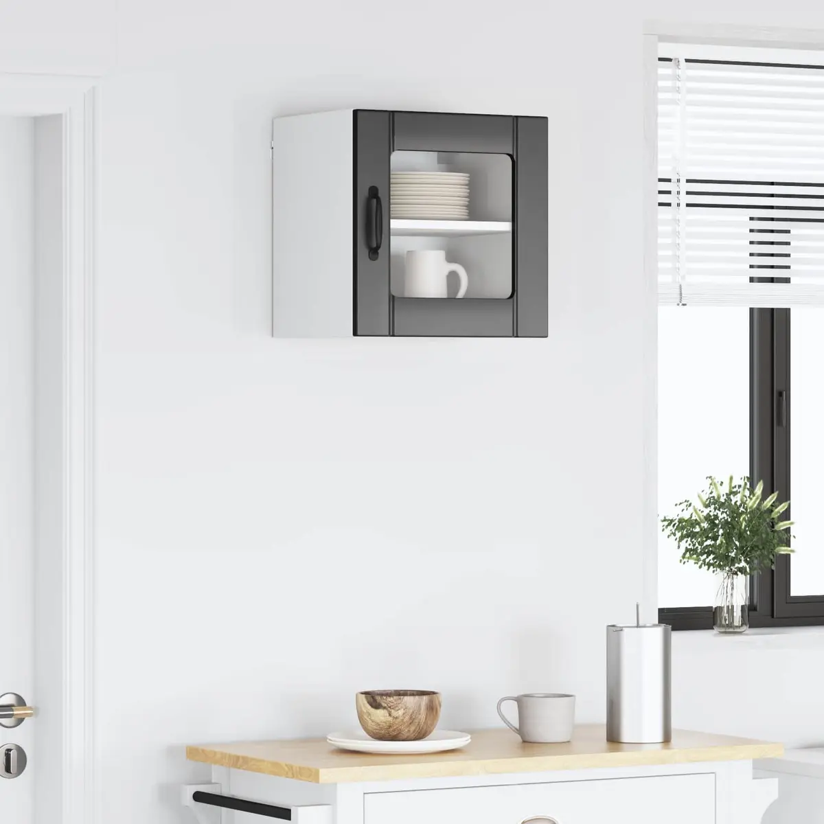 Black Wall-Mounted Glass Cabinet Modern Rectangular Engineered Wood Kitchen Storage