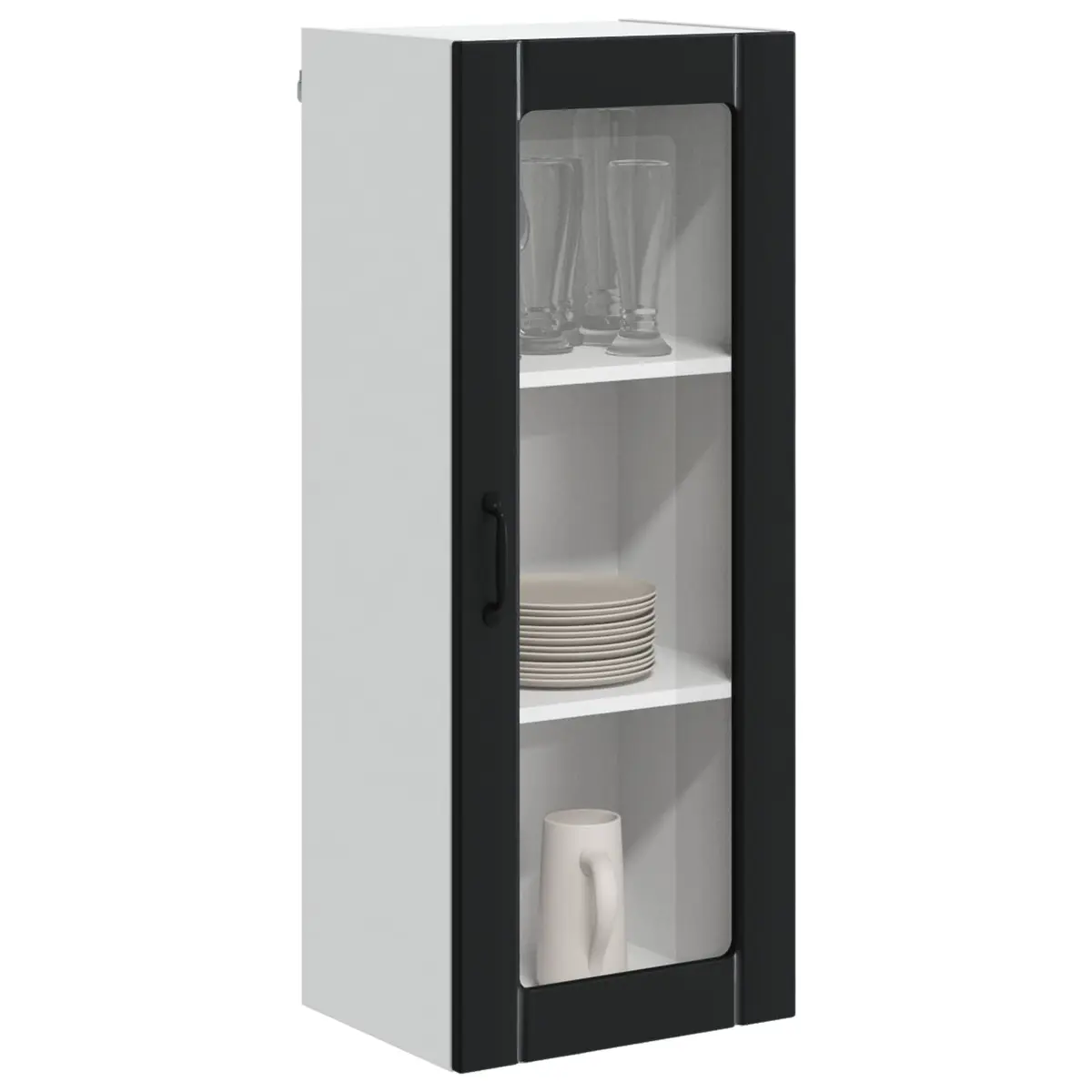 Wall Glass Cabinet Black Kitchen Storage Engineered Wood Rectangular Modern