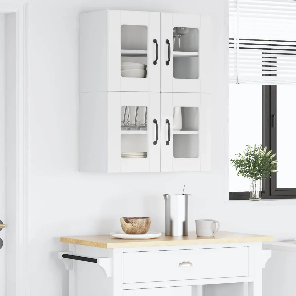 Wall Glass Cabinet High Gloss White Wall Mounted Kitchen Storage Cupboard 2 Piece