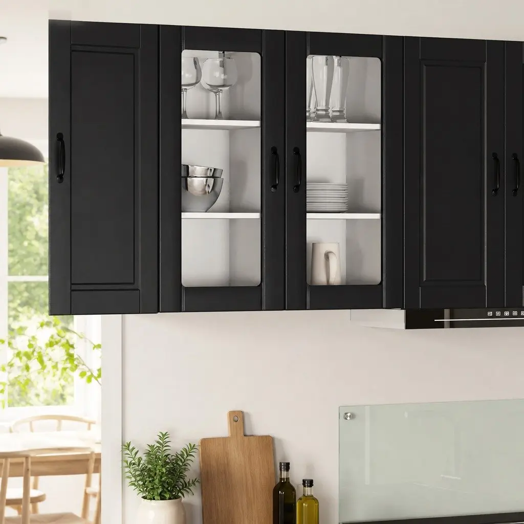 Wall Glass Cabinet PORTO Black Storage Kitchen Shelving Unit 40x31x80cm