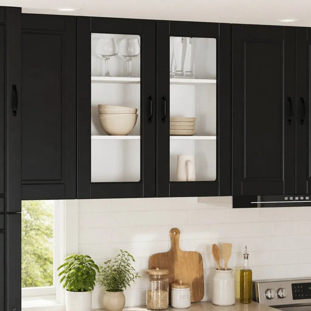 Wall Glass Cabinet PORTO Black Kitchen Storage 80x31x80cm Engineered Wood