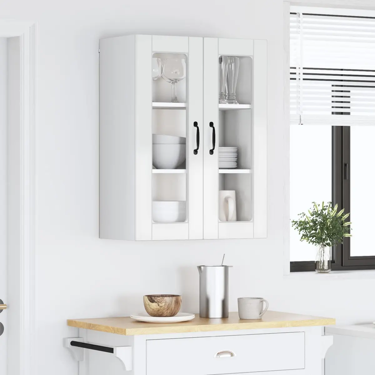 Wall Mounted Kitchen Cabinet High Gloss White Engineered Wood Multiple Compartments