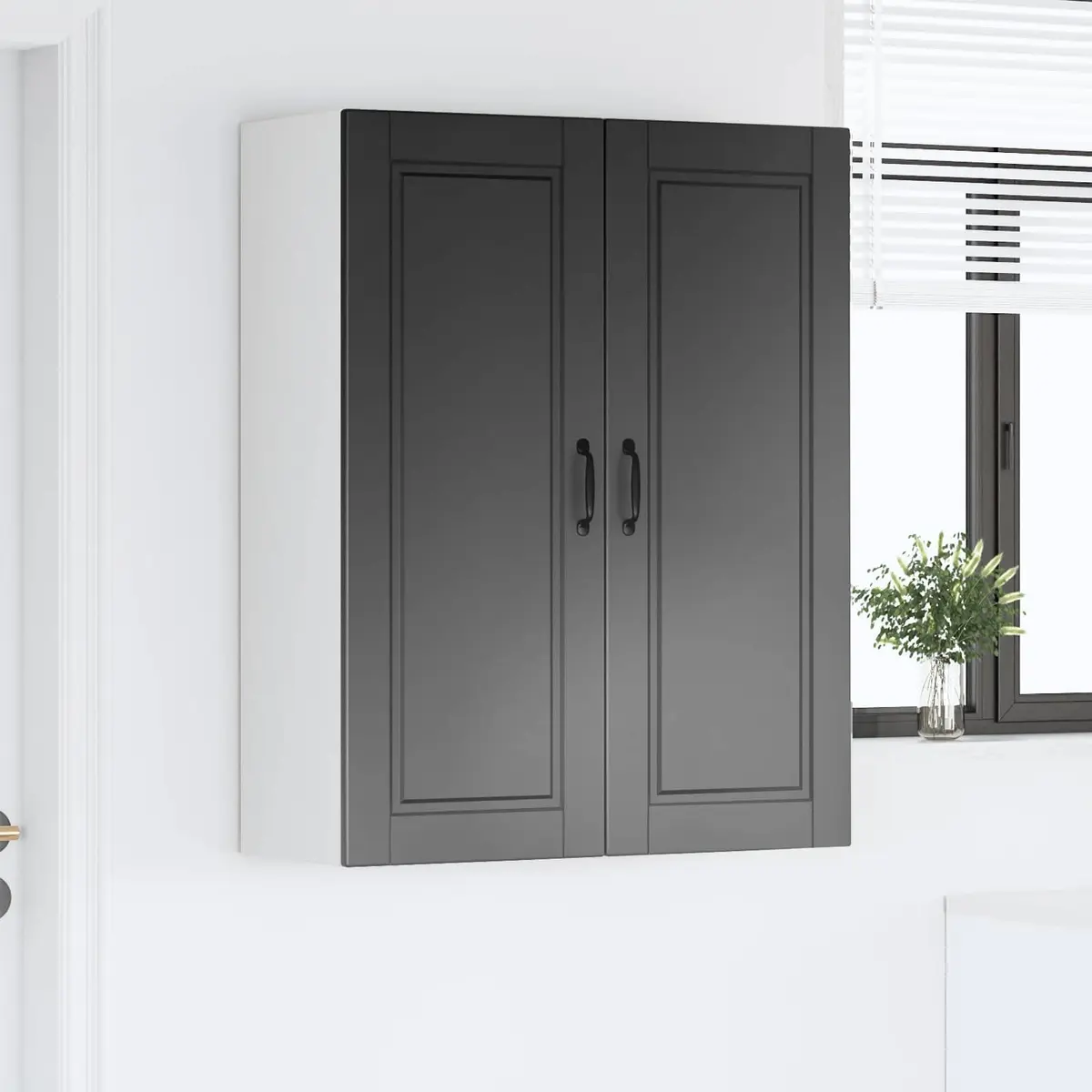 Wall Cabinet Kitchen Storage Black Engineered Wood Shelves Compartments