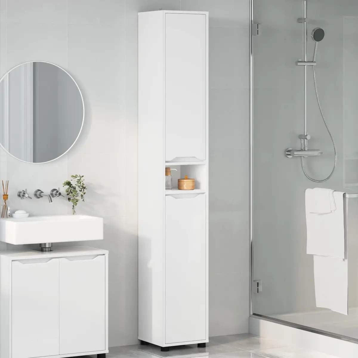 Bathroom Vanity Cabinet White Modern Storage Unit Engineered Wood Shelves Doors