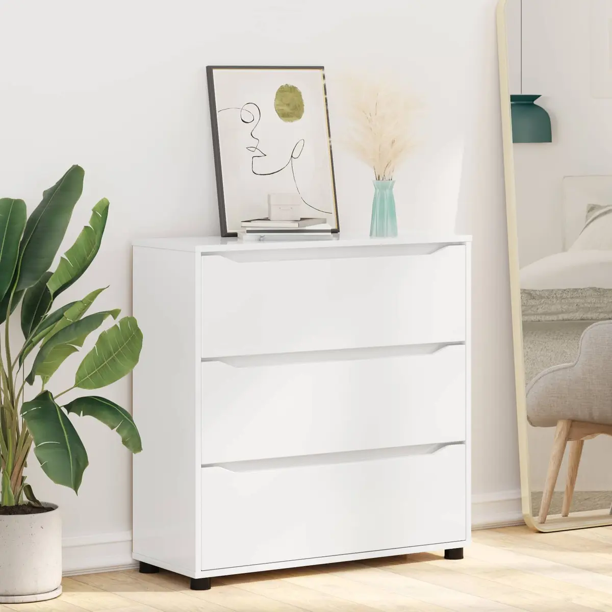 Storage Cabinet High Gloss White Engineered Wood Bedroom Living Room Organiser