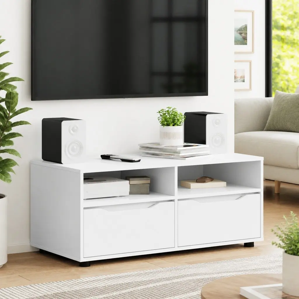 TV Cabinet White Modern Storage Unit with Drawer and Shelves