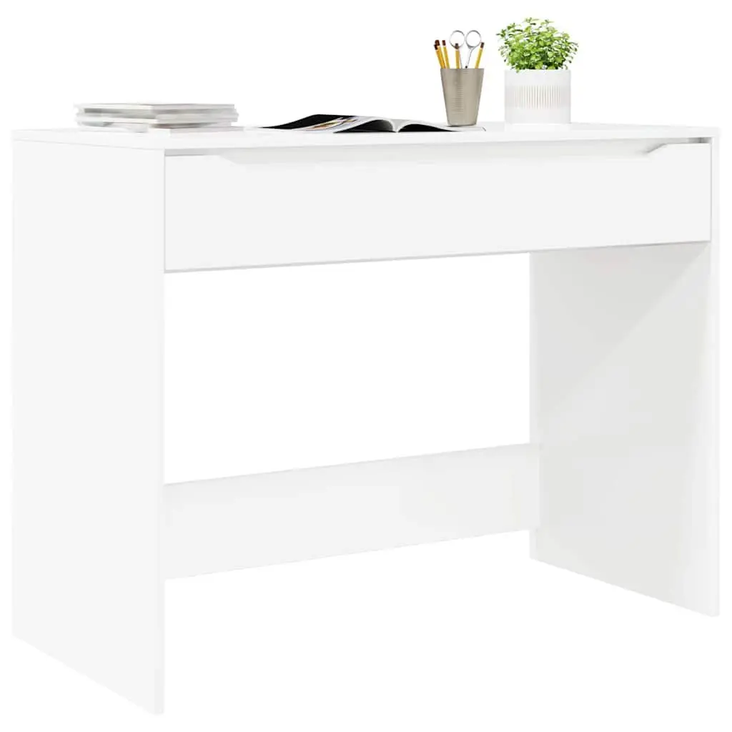 Engineered Wood Desk High Gloss White 100cm Rectangular with Integrated Drawer