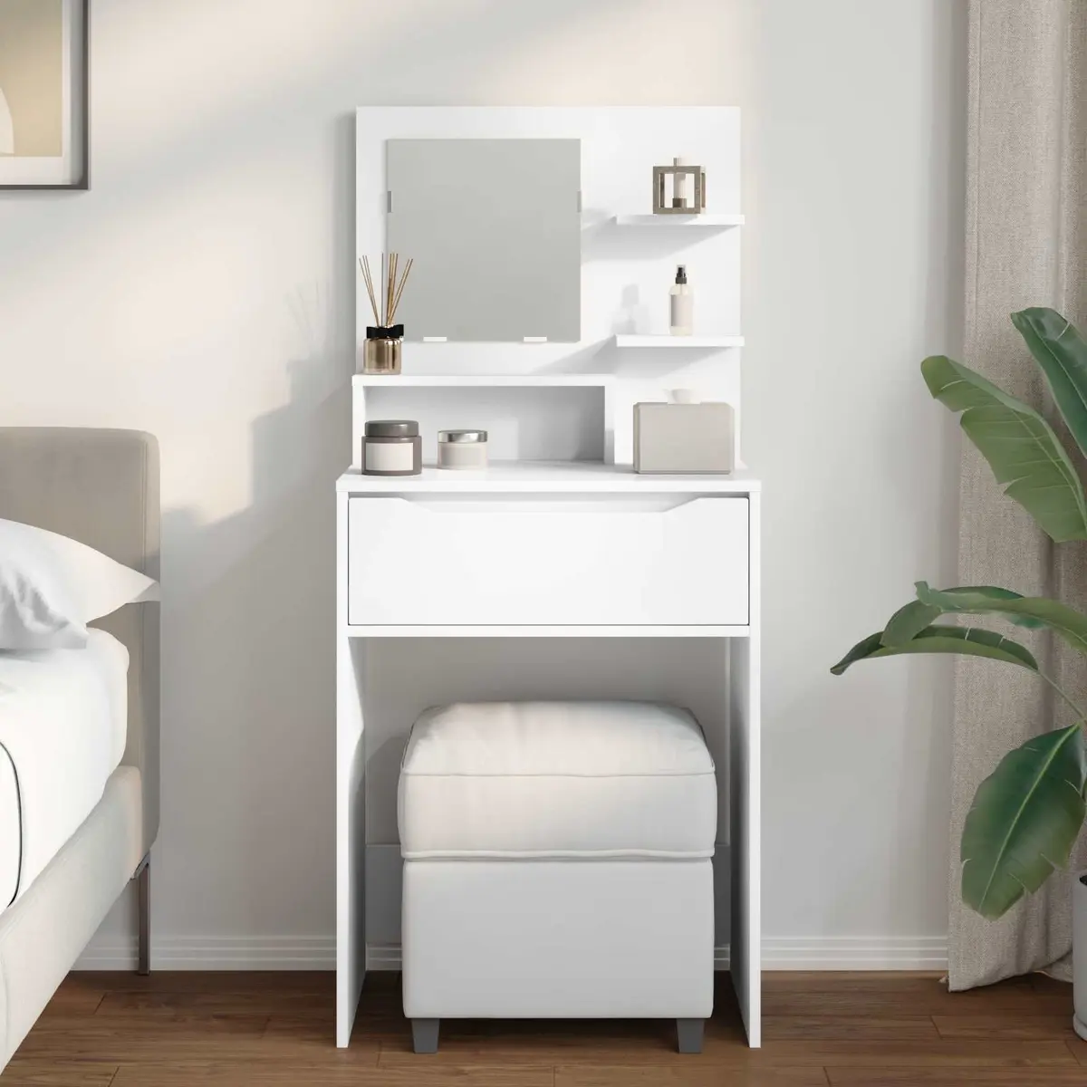 Dressing Table White Modern Engineered Wood with Drawer and Board Shelves