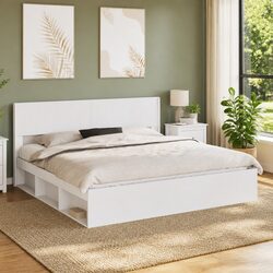 White Headboard Vertical Slat Design Engineered Wood Bedroom Furniture Mount