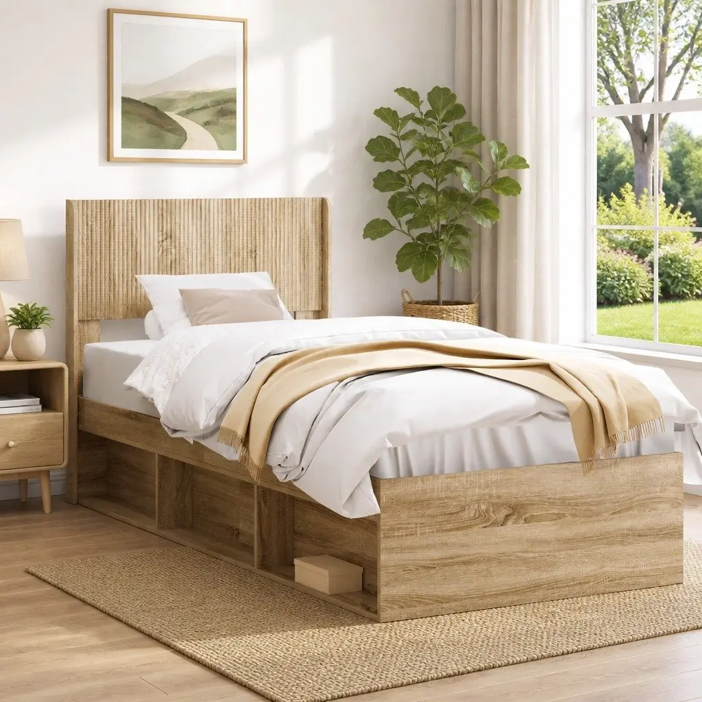 Headboard Brown Vertical Slat Design Engineered Wood Bedroom Furniture Mount