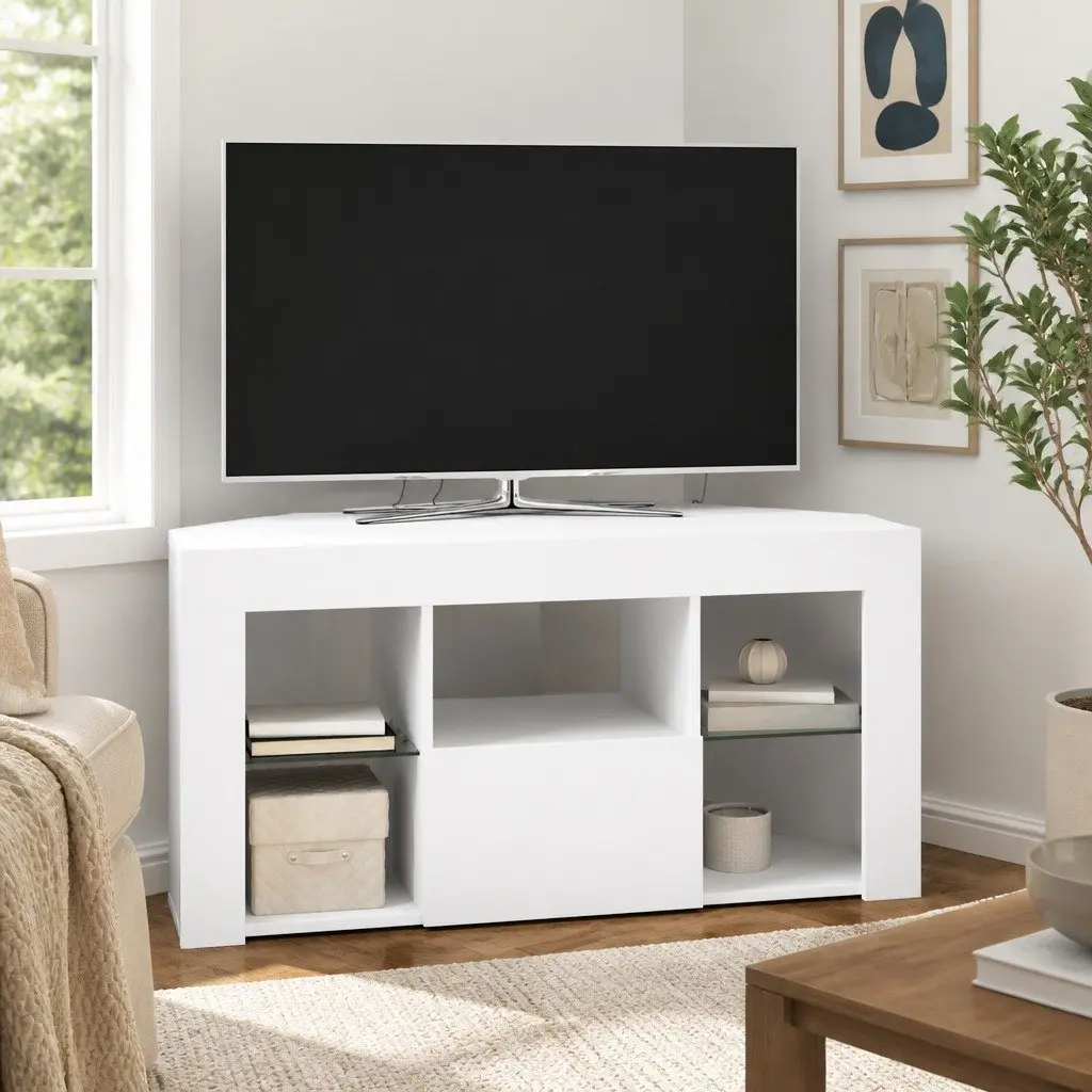 Corner TV Cabinet White Wall Mounted with Integrated LED Lighting and Storage Compartments