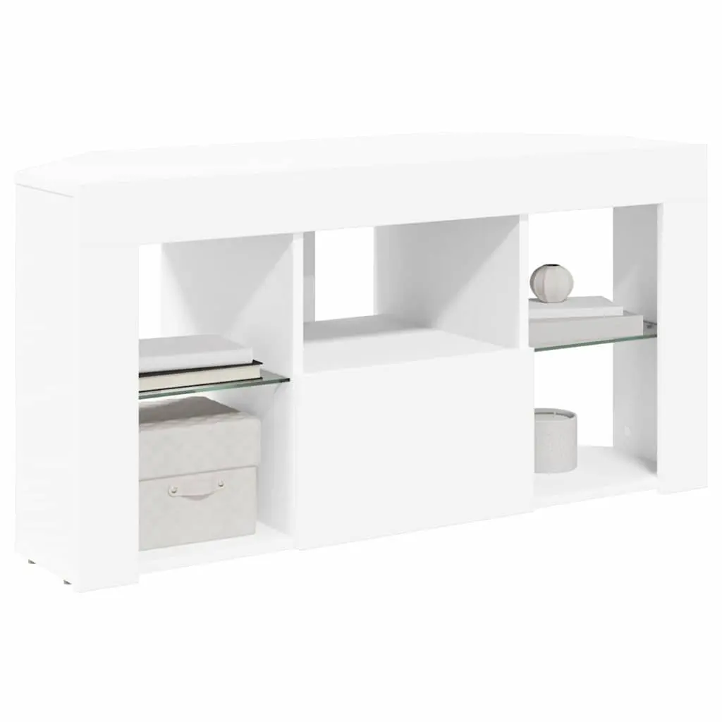 Corner TV Cabinet White Wall Mounted with Integrated LED Lighting and Storage Compartments