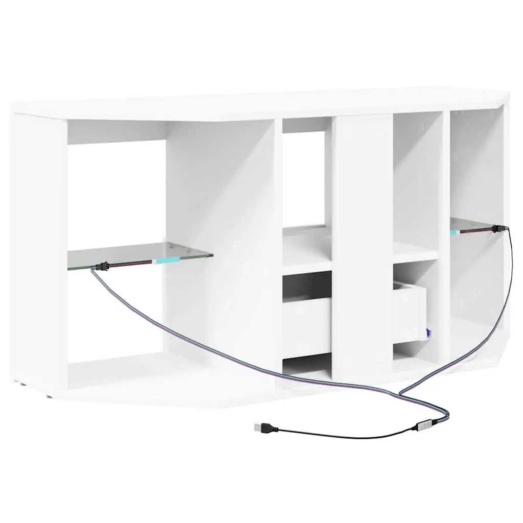 Corner TV Cabinet White Wall Mounted with Integrated LED Lighting and Storage Compartments