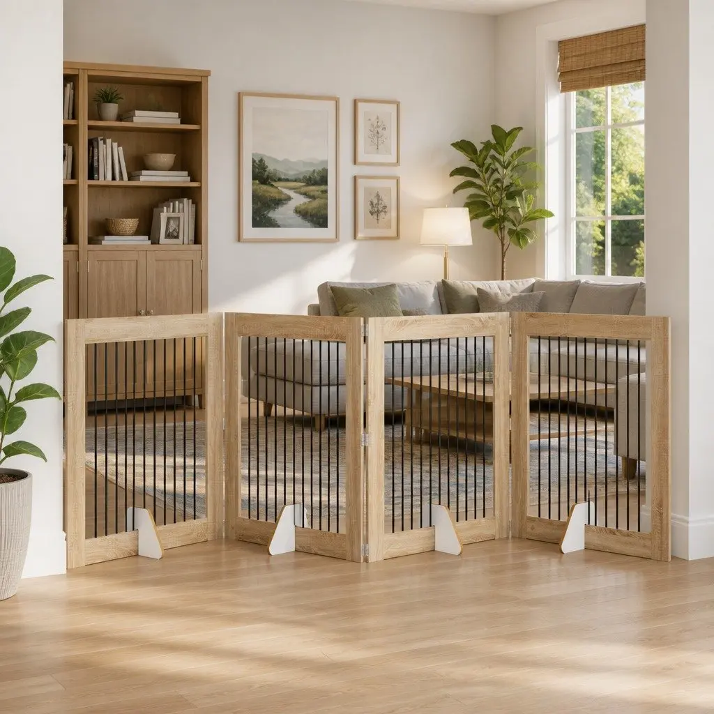 Foldable Dog Gate Brown 401 cm Indoor Pet Barrier Fence 4 pcs