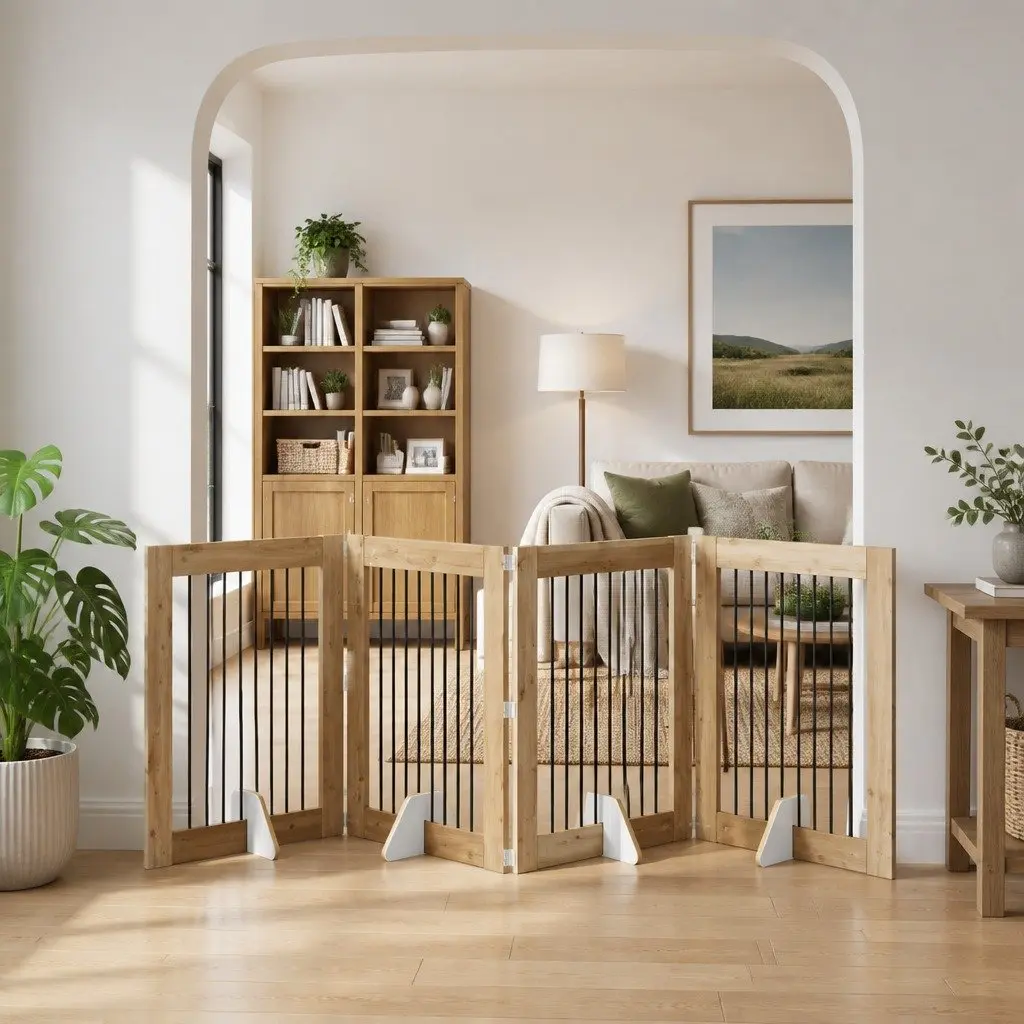 Foldable Dog Gate Oak Brown 321cm Freestanding Indoor Pet Barrier Room Divider