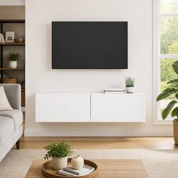 Compact White TV Wall Cabinet - 2 Piece Set