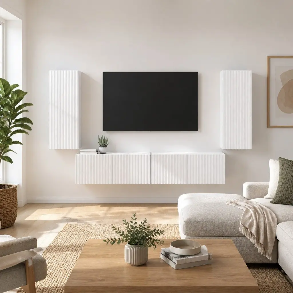 TV Wall Cabinet White 2 Pieces Modern Wall Mount Storage Unit