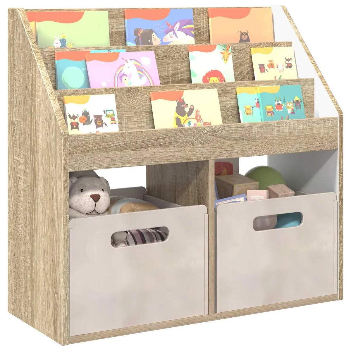 Kids Bookshelf Brown Wood Open Shelves Organiser