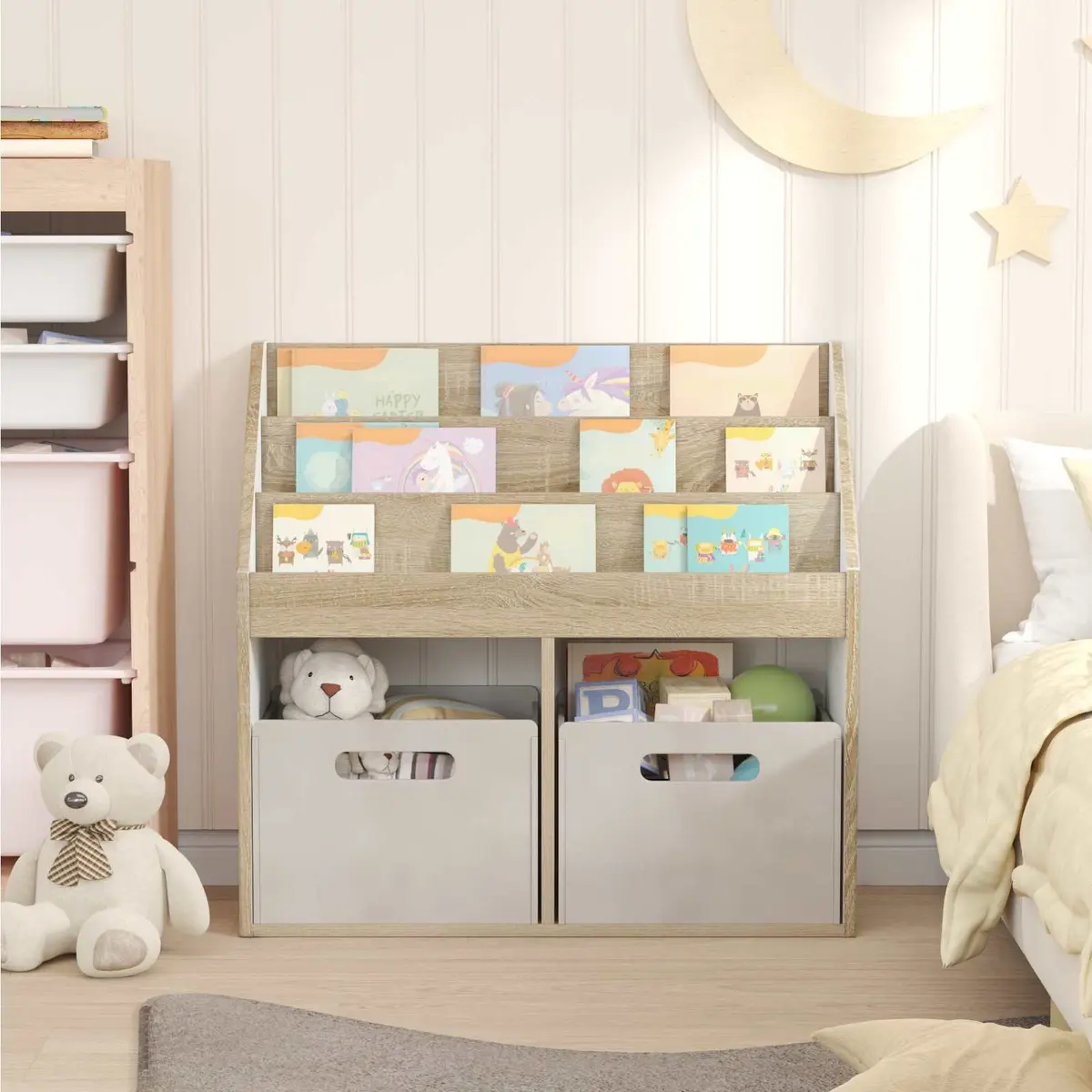 Kids Bookshelf Brown Wood Open Shelves Organiser