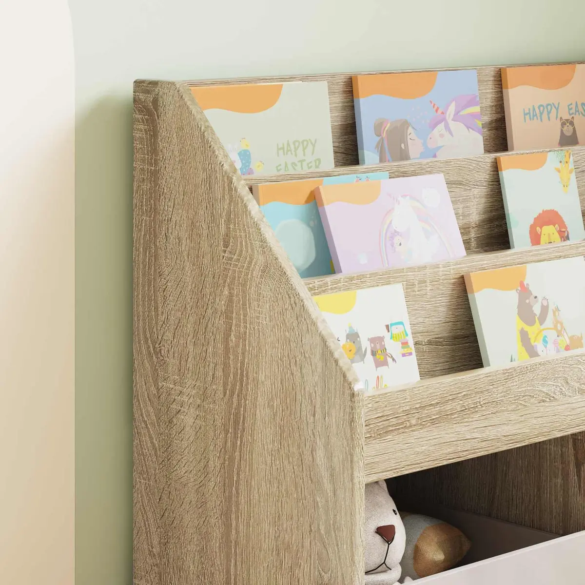 Kids Bookshelf Brown Wood Open Shelves Organiser