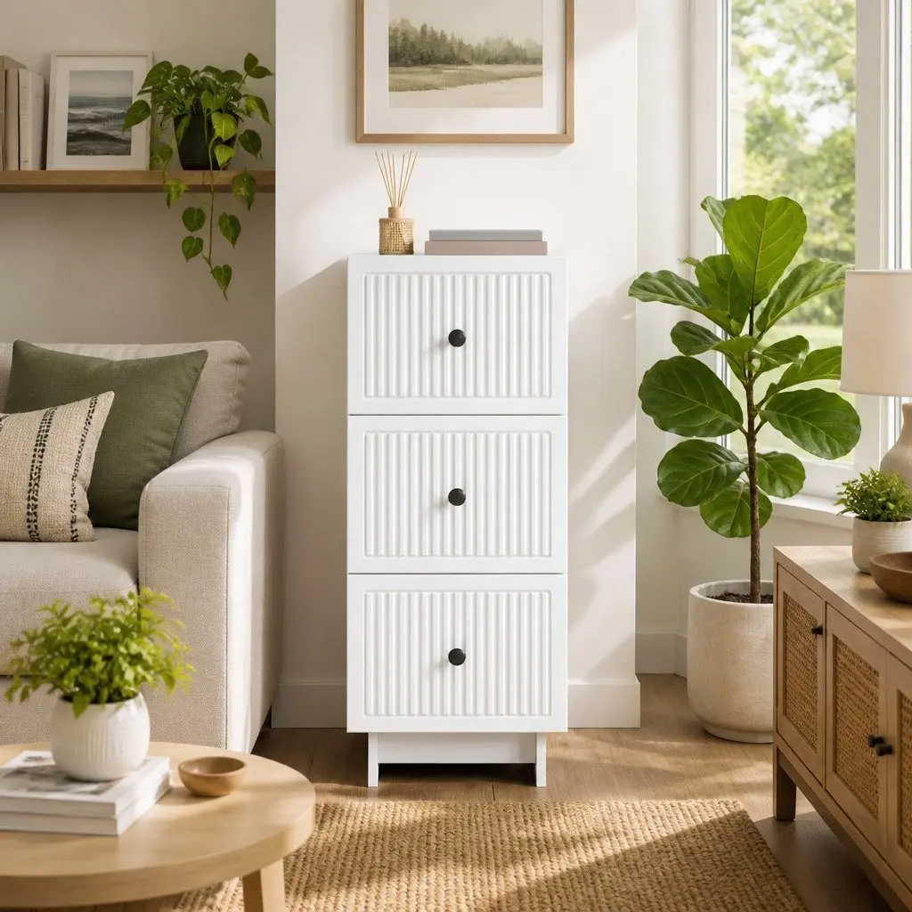 Drawer Cabinet White Engineered Wood 33 x 34.5 x 90 cm Vintage Styling for Living Areas and Bedroom Storage