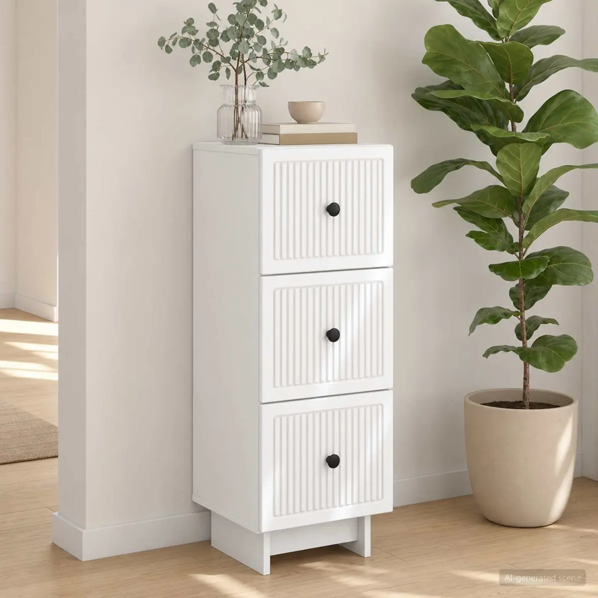 Drawer Cabinet White Engineered Wood 33 x 34.5 x 90 cm Vintage Styling for Living Areas and Bedroom Storage