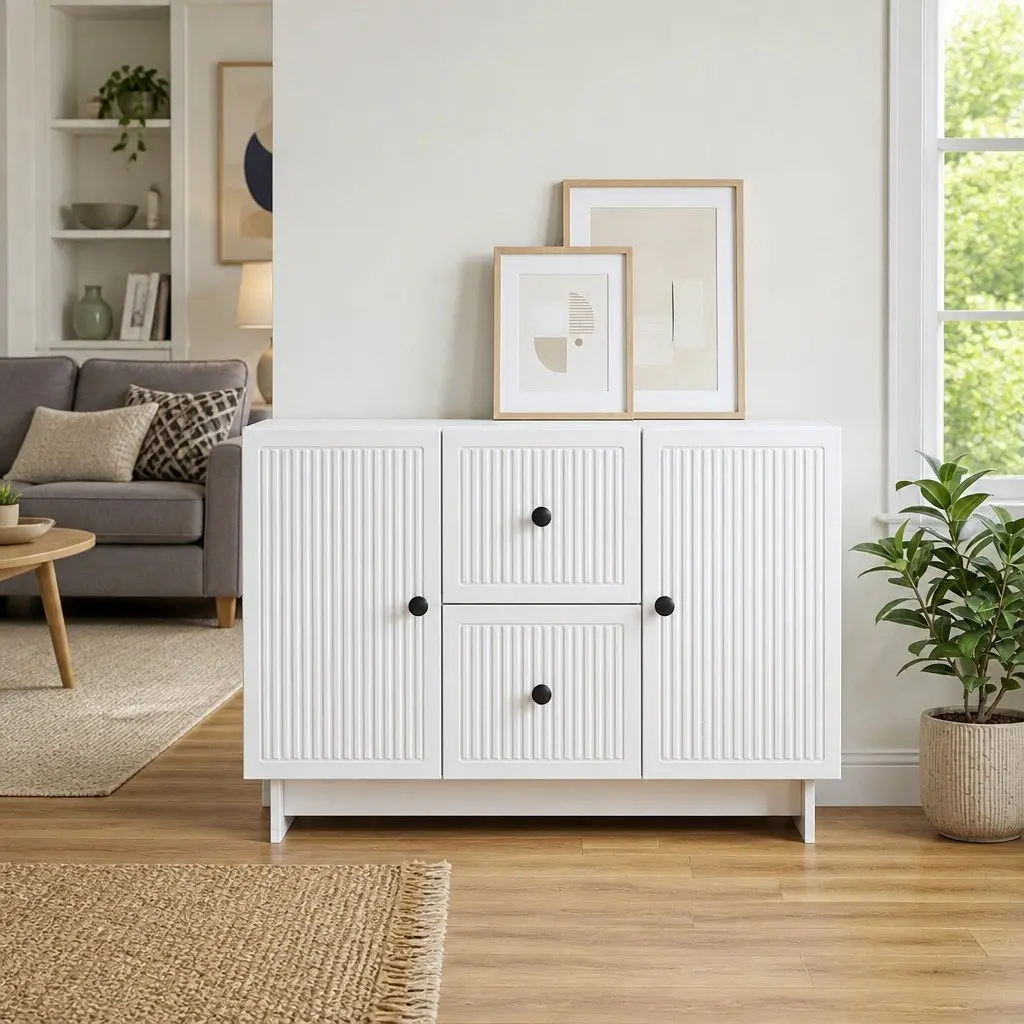 Sideboard White Engineered Wood Modern Storage Cabinet with Drawers Shelves Swing Doors