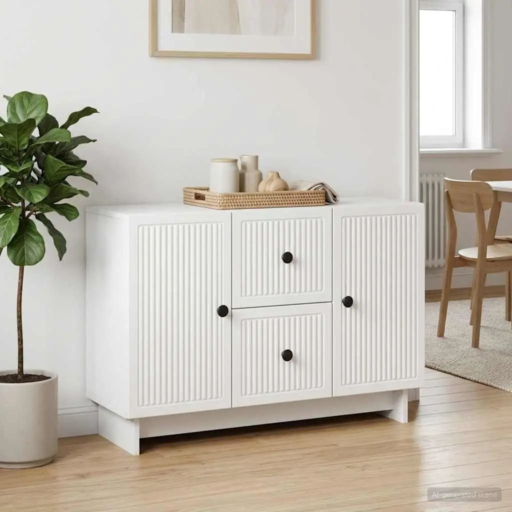 Sideboard White Engineered Wood Modern Storage Cabinet with Drawers Shelves Swing Doors