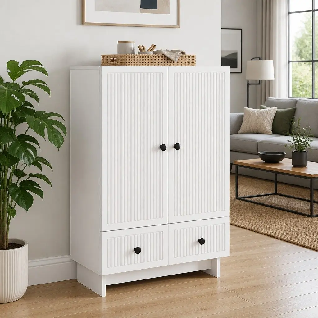 Sideboard White Engineered Wood Storage Cabinet with Drawers and Doors