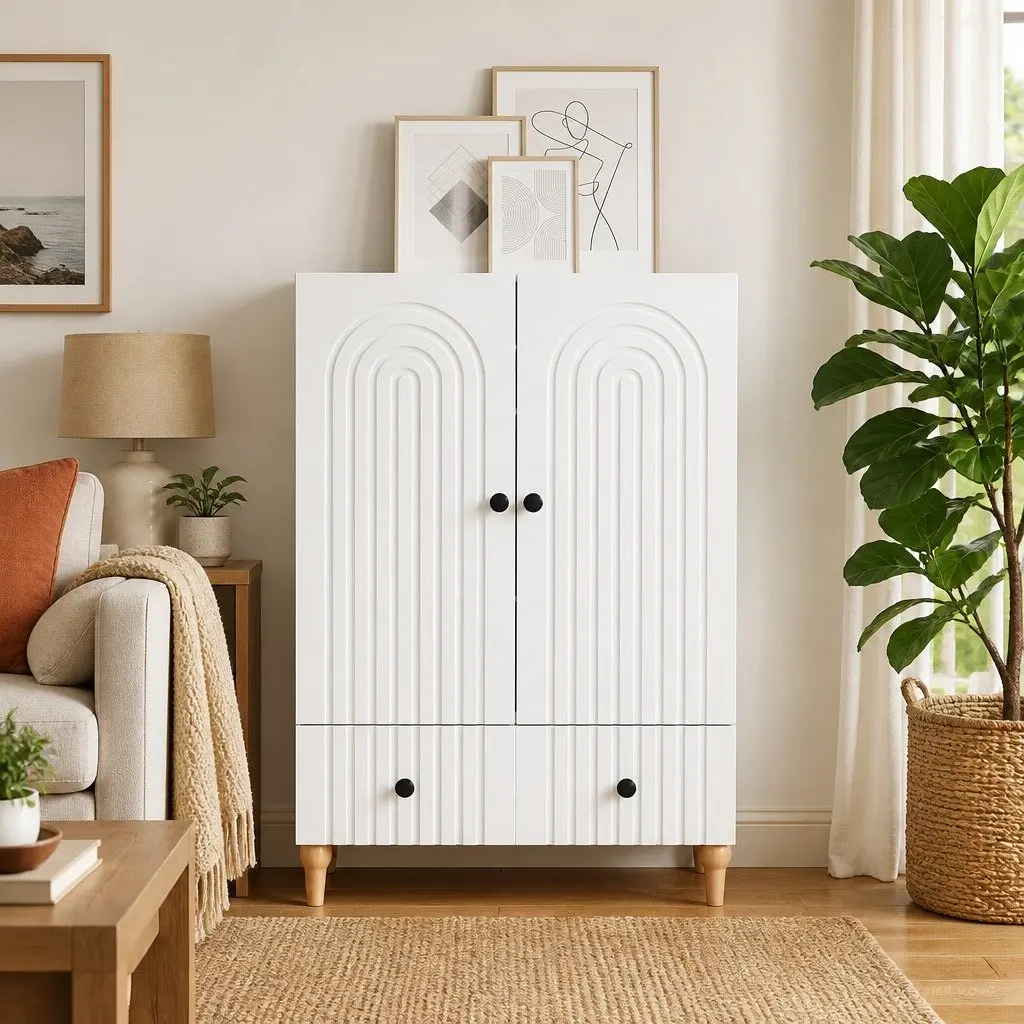 Sideboard White Engineered Wood Modern Storage Cabinet with Shelves and Drawers