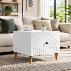 Coffee Table with Drawer White Engineered Wood Accent Table Storage Furniture