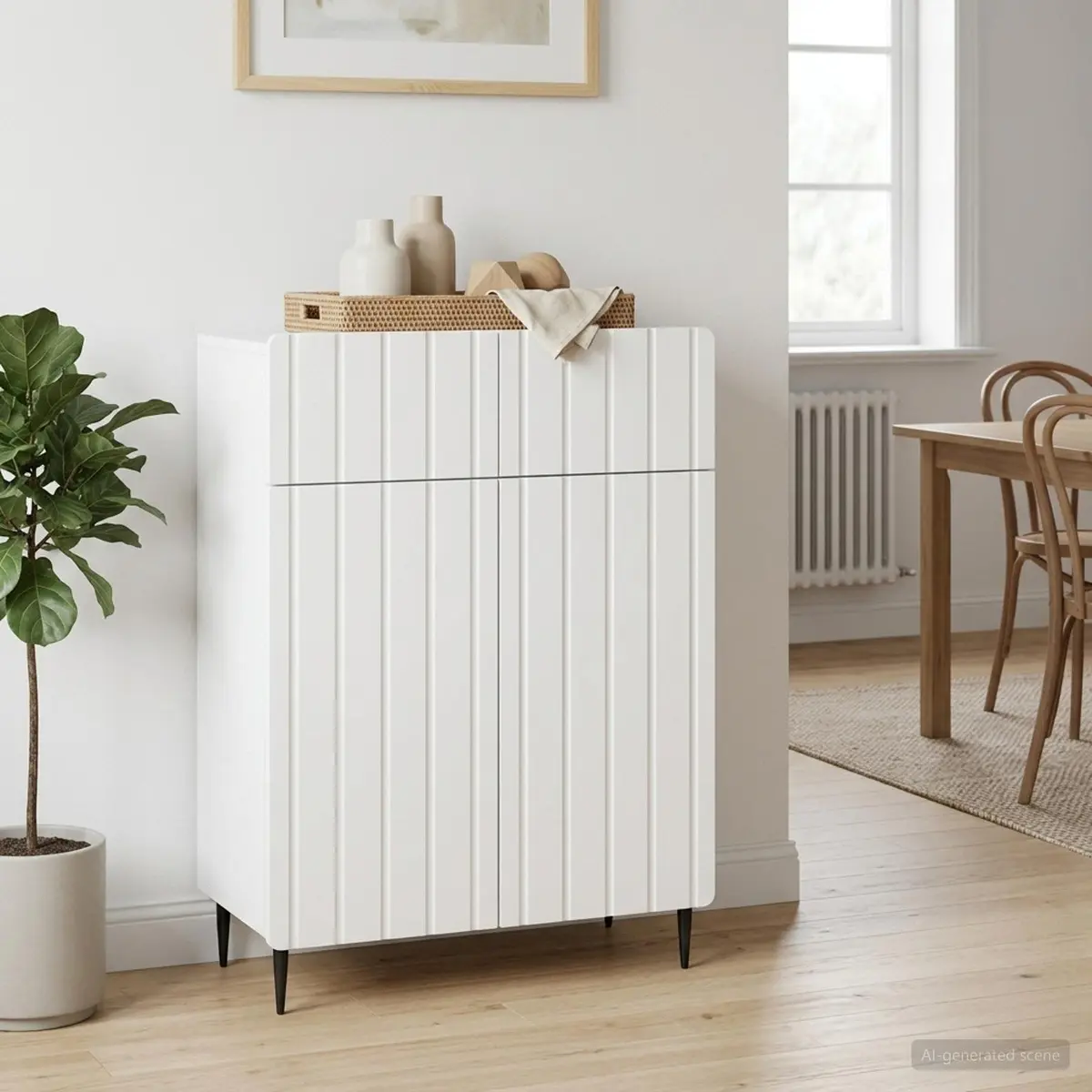 Sideboard White Engineered Wood Modern Storage Cabinet with 90° Swing Hinge Door and Black Iron Tapered Legs