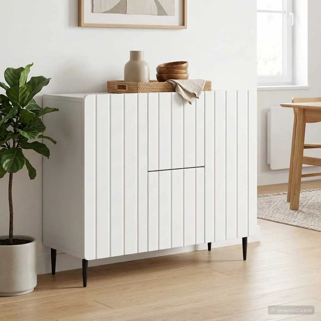 White Sideboard 89cm Engineered Wood Modern Storage Cabinet with Black Steel Legs