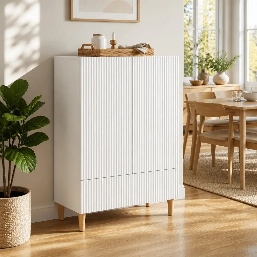 Sideboard White Engineered Wood Adjustable Shelving Sliding Doors