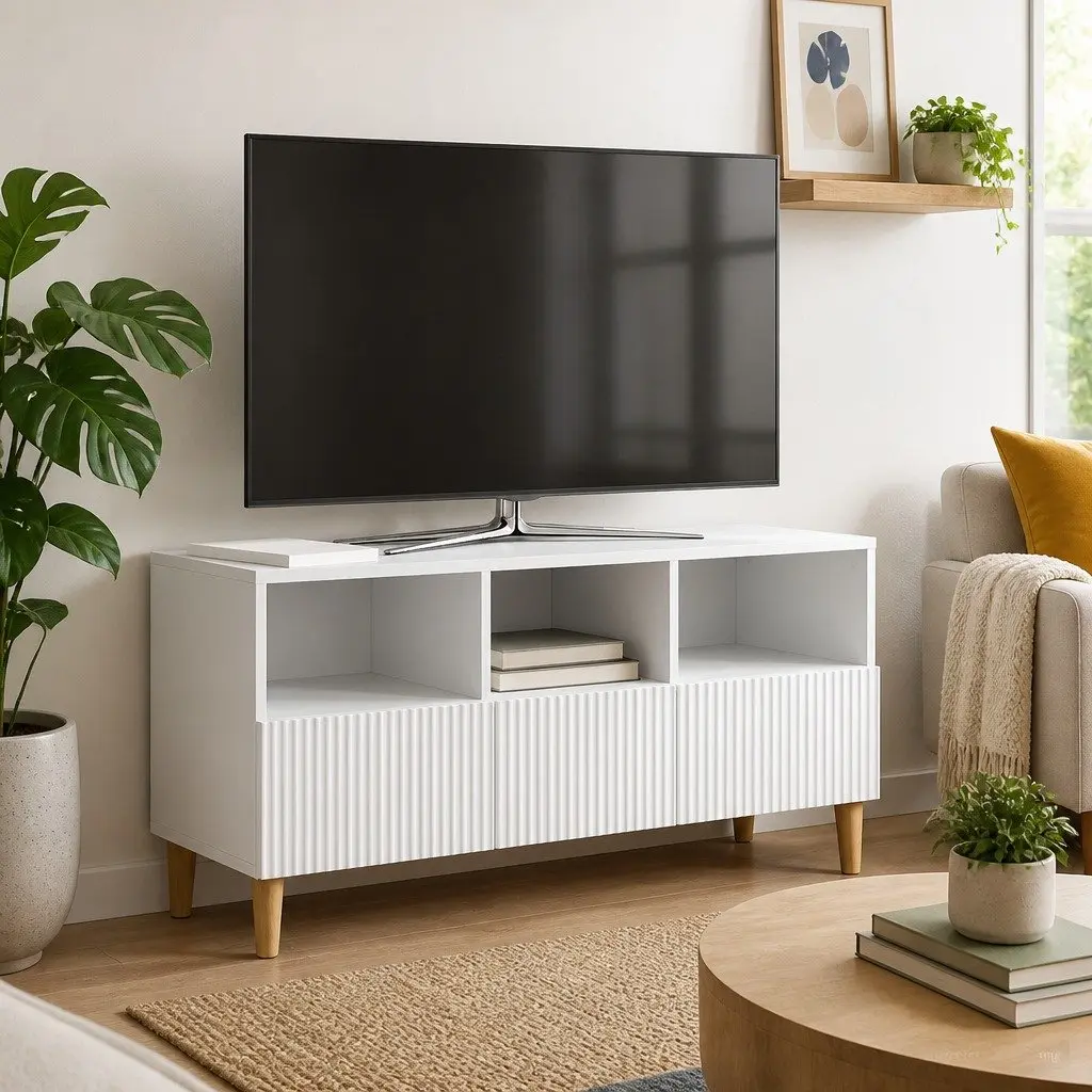 TV Cabinet White Engineered Wood with Drawer Brown Tapered Legs 102x34.5x50cm for Lounge Storage