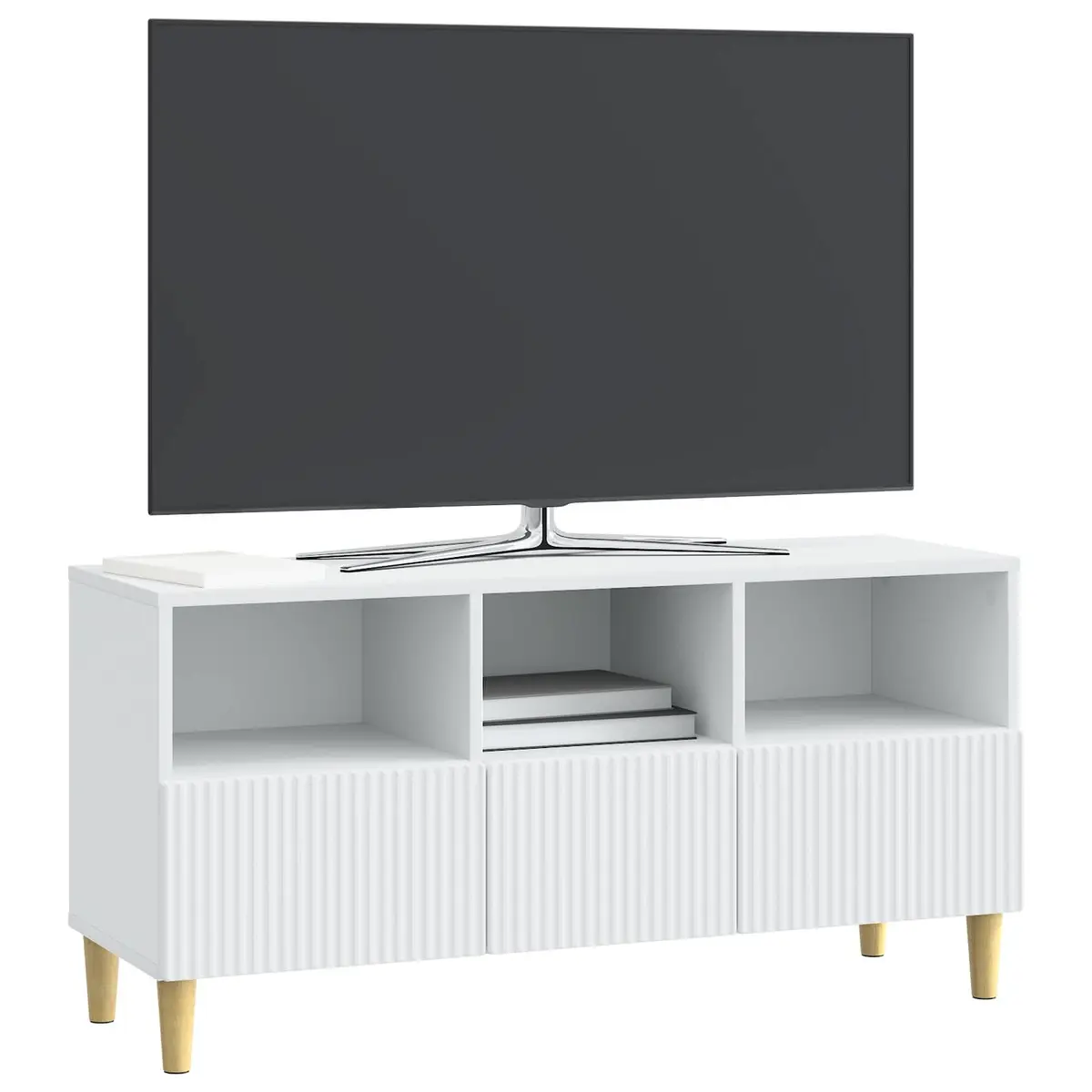 TV Cabinet White Engineered Wood with Drawer Brown Tapered Legs 102x34.5x50cm for Lounge Storage