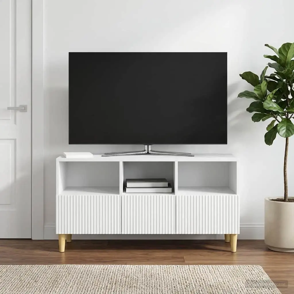 TV Cabinet White Engineered Wood with Drawer Brown Tapered Legs 102x34.5x50cm for Lounge Storage