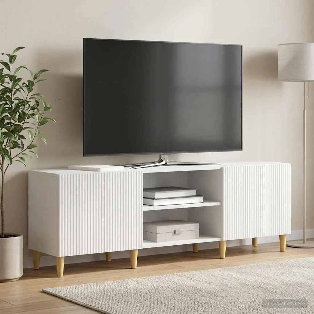TV Cabinet White 150cm Engineered Wood Modern Storage Unit with Board Shelves and Swing Doors