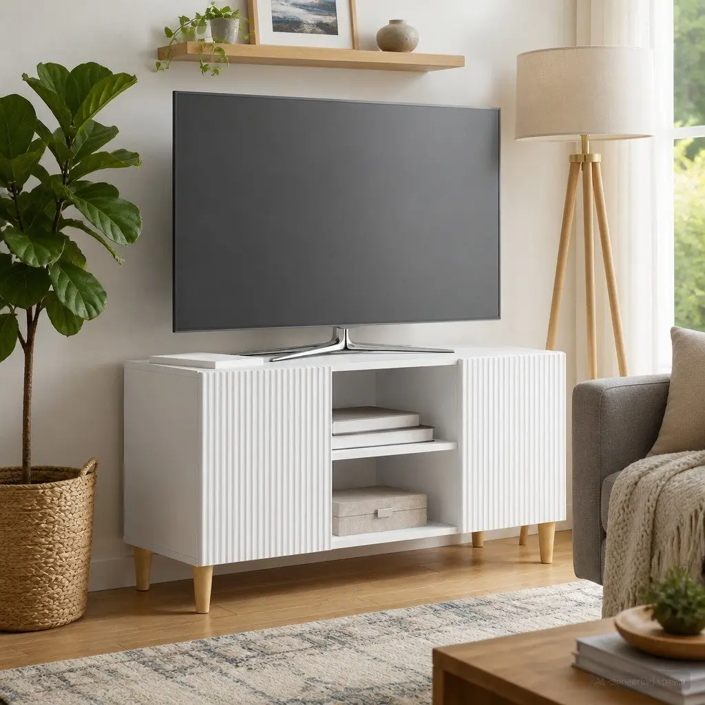 TV Cabinet White Compact 102x34.5x50cm Modern Media Storage Unit with Swing Doors